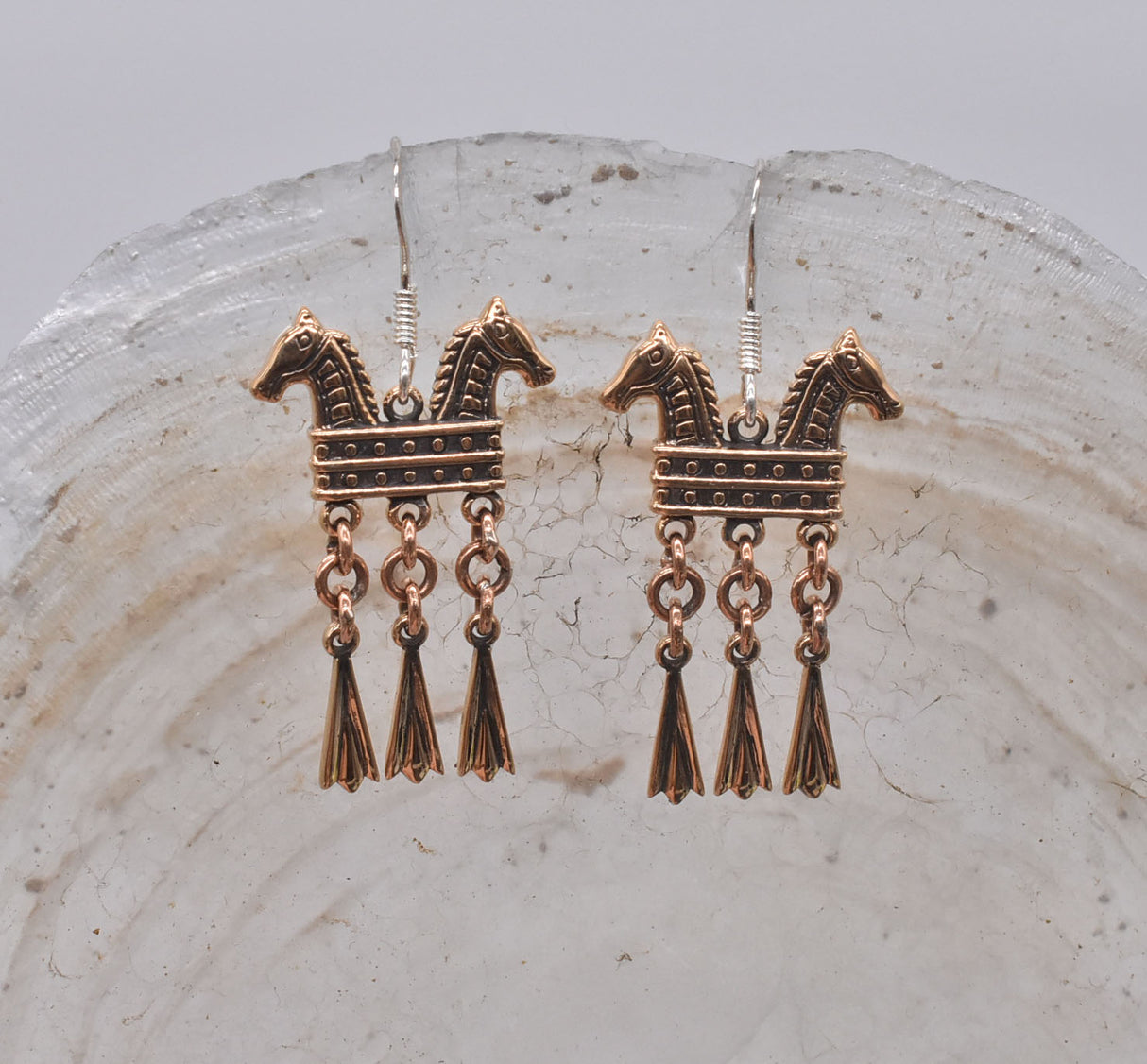 Wikinger Ohrringe mit Pferdeköpfen aus Bronze, Klapper-Ohrringe Rus-Wikinger