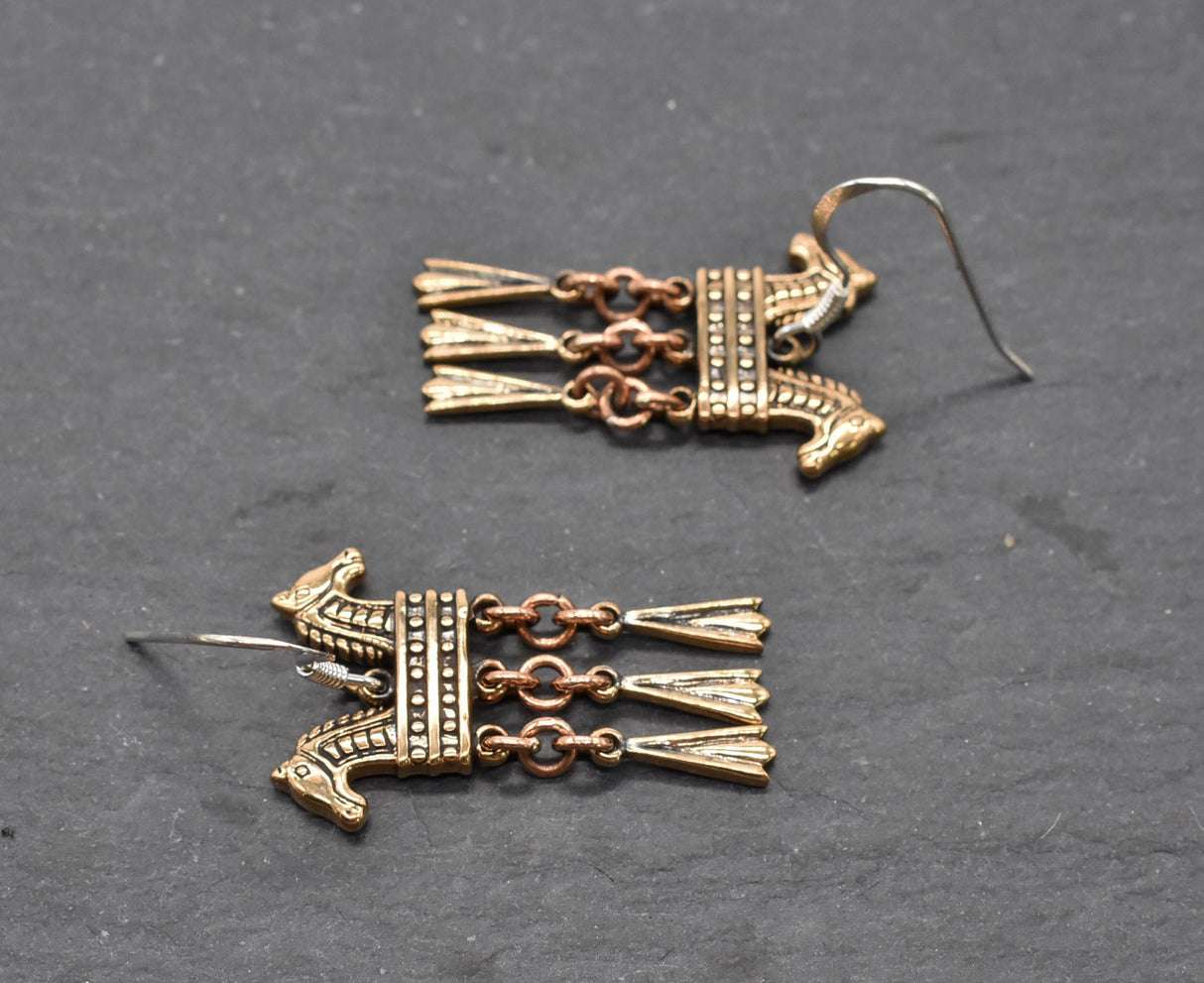 Wikinger Ohrringe mit Pferdeköpfen aus Bronze, Klapper-Ohrringe Rus-Wikinger