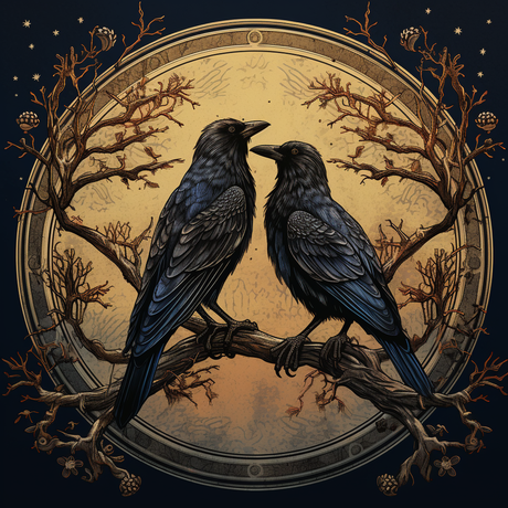 Odins Raben - Hugin und Munin auf einem Ast sitzend