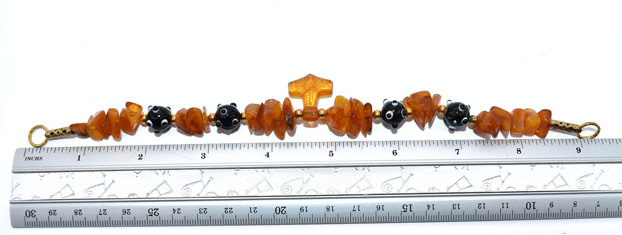 Dimensions in inches of the amber brooch necklace with a handcrafted Thor’s hammer – Viking jewellery for your outfit – glass bead necklace for Viking women