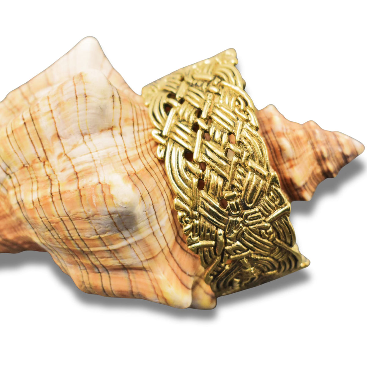 Breiter keltischer Bronze-Armreif mit Flechtmuster

Dieser breite Armreif aus Bronze wird von einem aufwendig durchbrochenen Flechtornament bestimmt. Zahlreiche Bänder verschlingen sich miteinander und bilden ein dichtes Knotenmotiv, das fast die gesamte Vorderseite des Armreifs einnimmt.