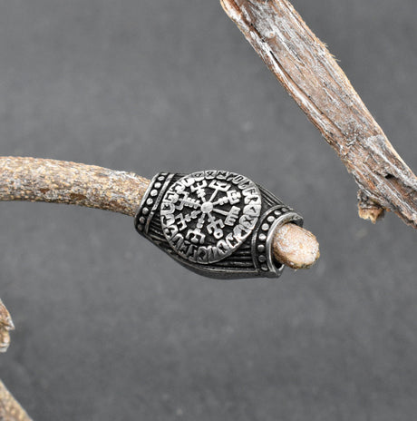 Wikinger Barthülse mit Vegvisir aus Edelstahl – Nordischer Bartschmuck mit Runen | Wikinger Kompass Haar- & Bartperle