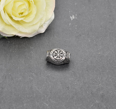 Wikinger Barthülse mit Vegvisir aus Edelstahl – Nordischer Bartschmuck mit Runen | Wikinger Kompass Haar- & Bartperle