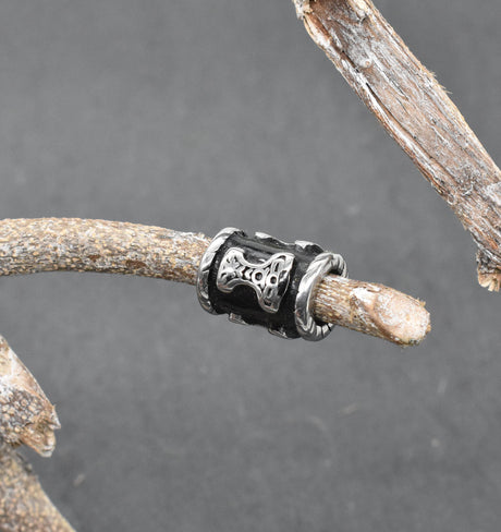 Mjölnir Bartperlen Set aus Edelstahl (4-teilig) - Thorshammer Haarperle silber und schwarz