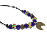 Lunula Halskette NOVA – Römisches Bronze Mondamulet mit handgefertigten Lampwork Glasperlen in Blau und Grün-Gelb