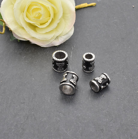 Wikinger Mjönir Bartperlen -Set aus Edelstahl - Thorshammer Haarperlen schwarz und silber