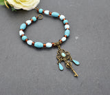 Fibelkette mit Schlüssel im Wikinger-Stil in Türkis und Bronze