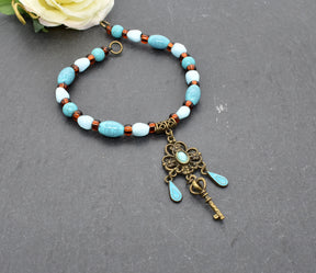 Fibelkette mit Schlüssel im Wikinger-Stil in Türkis und Bronze