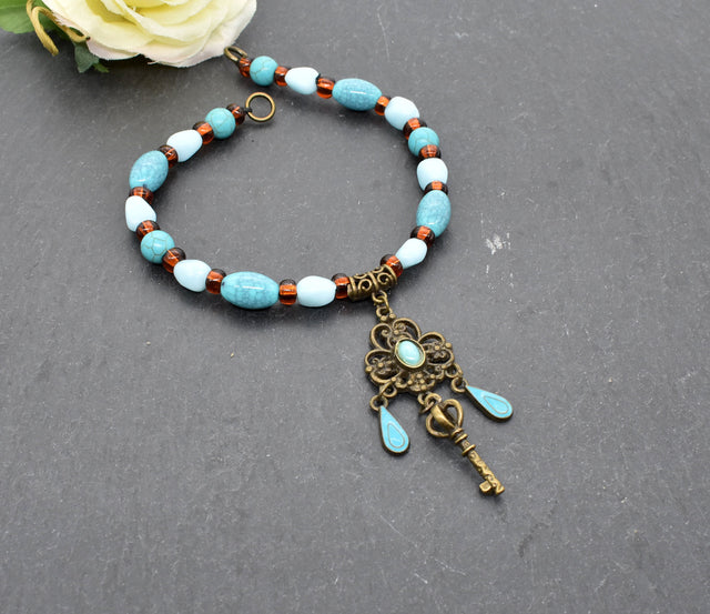 Fibelkette mit Schlüssel im Wikinger-Stil in Türkis und Bronze