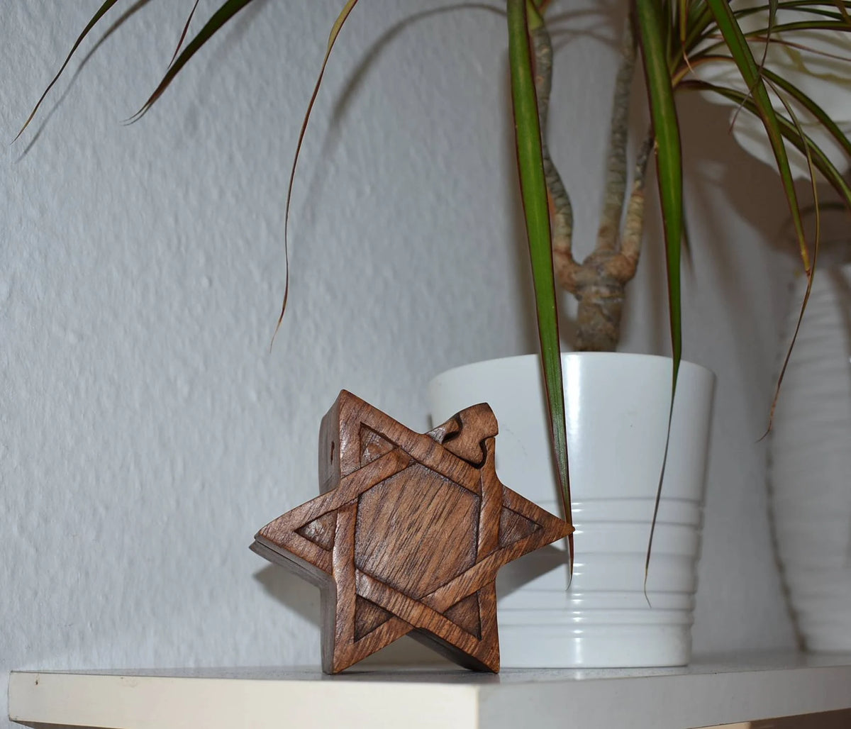 Stern-Puzzledose aus Holz mit Geheimfach auf einem Regal neben einer Pflanze
