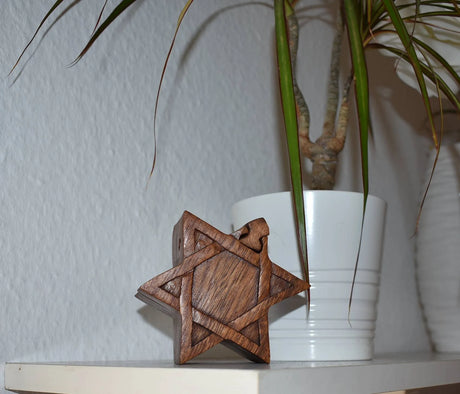 Stern-Puzzledose aus Holz mit Geheimfach auf einem Regal neben einer Pflanze